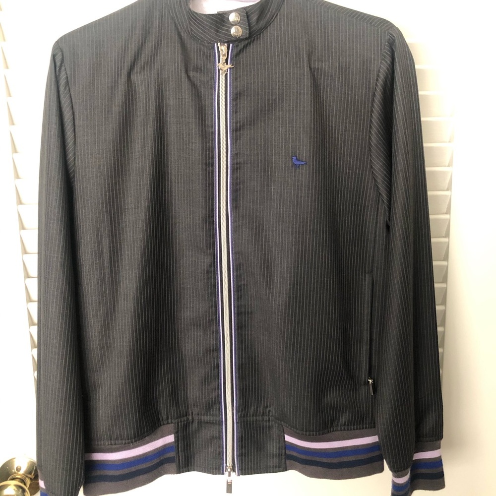 Modern Amusement Black Pinstripe Zip-Front Jacket with Purple Trim